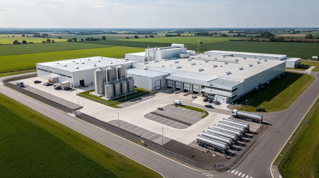 857b2307 ea2b 431f aa2c 0dd5535c95da An aerial view of a large modern dairy processing facility showcases multiple buildings and a tanker parking area, highlighting the advanced machinery and systems used for milk processing in the dairy industry. This facility plays a crucial role in milk production and quality control, ensuring the safe processing of raw milk into various dairy products.