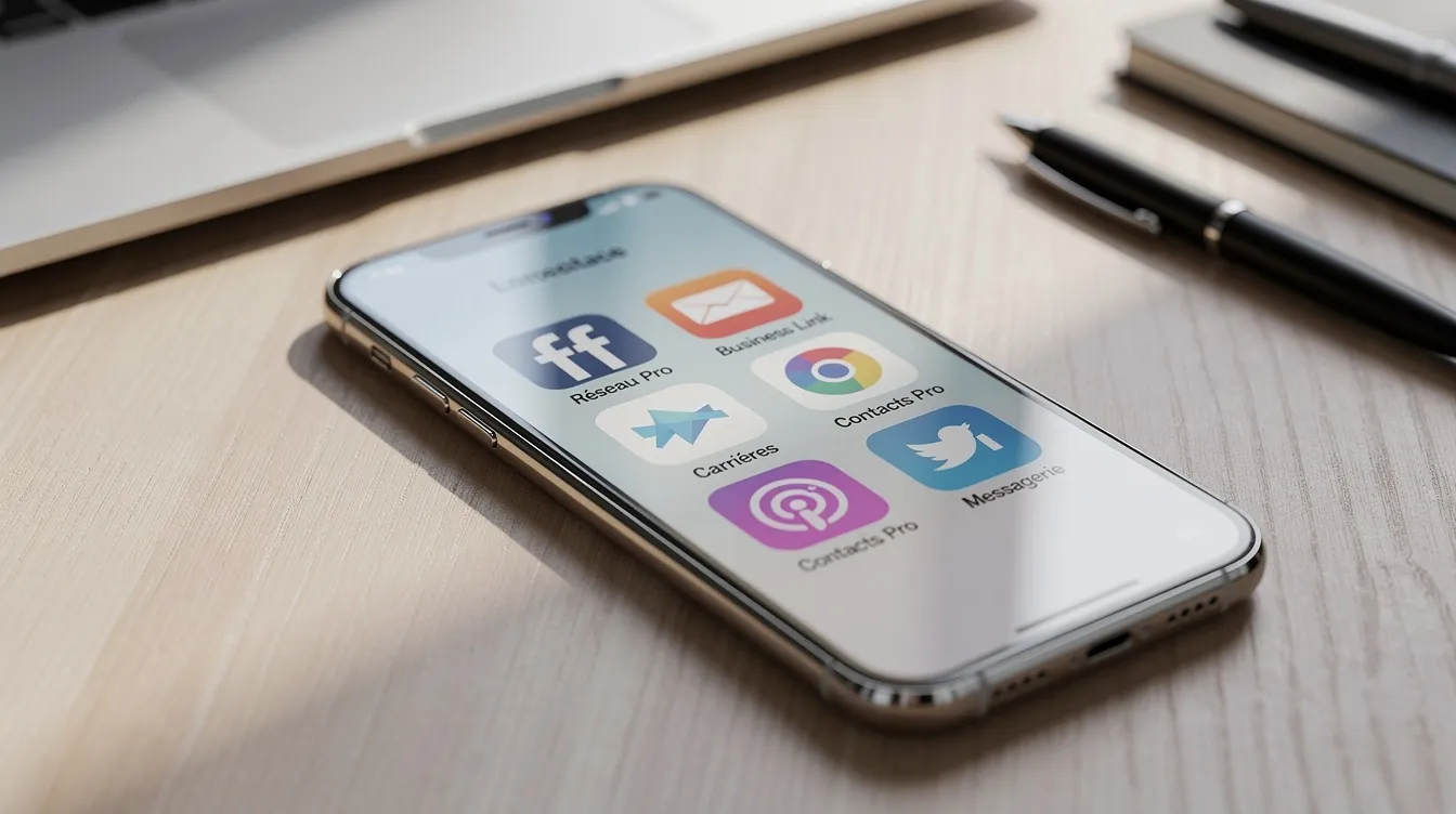 L'image montre un smartphone posé sur un bureau en bois, affichant des applications de réseaux sociaux professionnels. Cette scène illustre l'importance de la transformation digitale dans une entreprise et le développement de stratégies marketing adaptées à l'ère numérique.