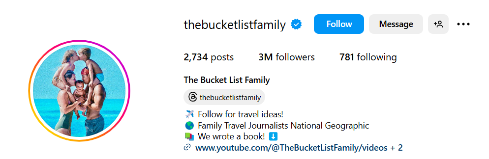 The Bucket List Family's Instagram bio clearly stating that they are here to share travel ideas.