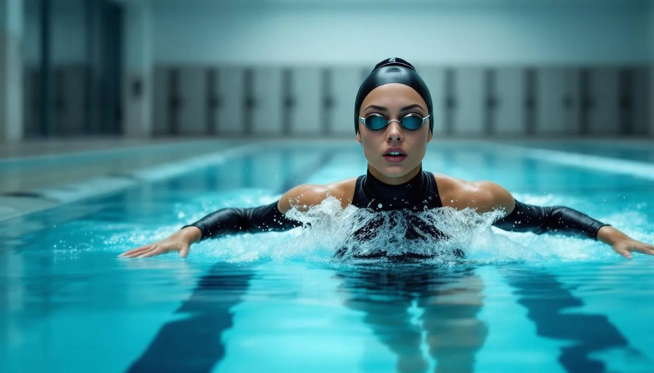 Ein Schwimmer übt das Brustschwimmen in einem Schwimmbad, während er sich durch das Wasser bewegt. Die Technik umfasst rhythmische Armbewegungen und einen kräftigen Beinschlag, um die Distanzen effizient zu bewältigen und die Muskeln zu trainieren.