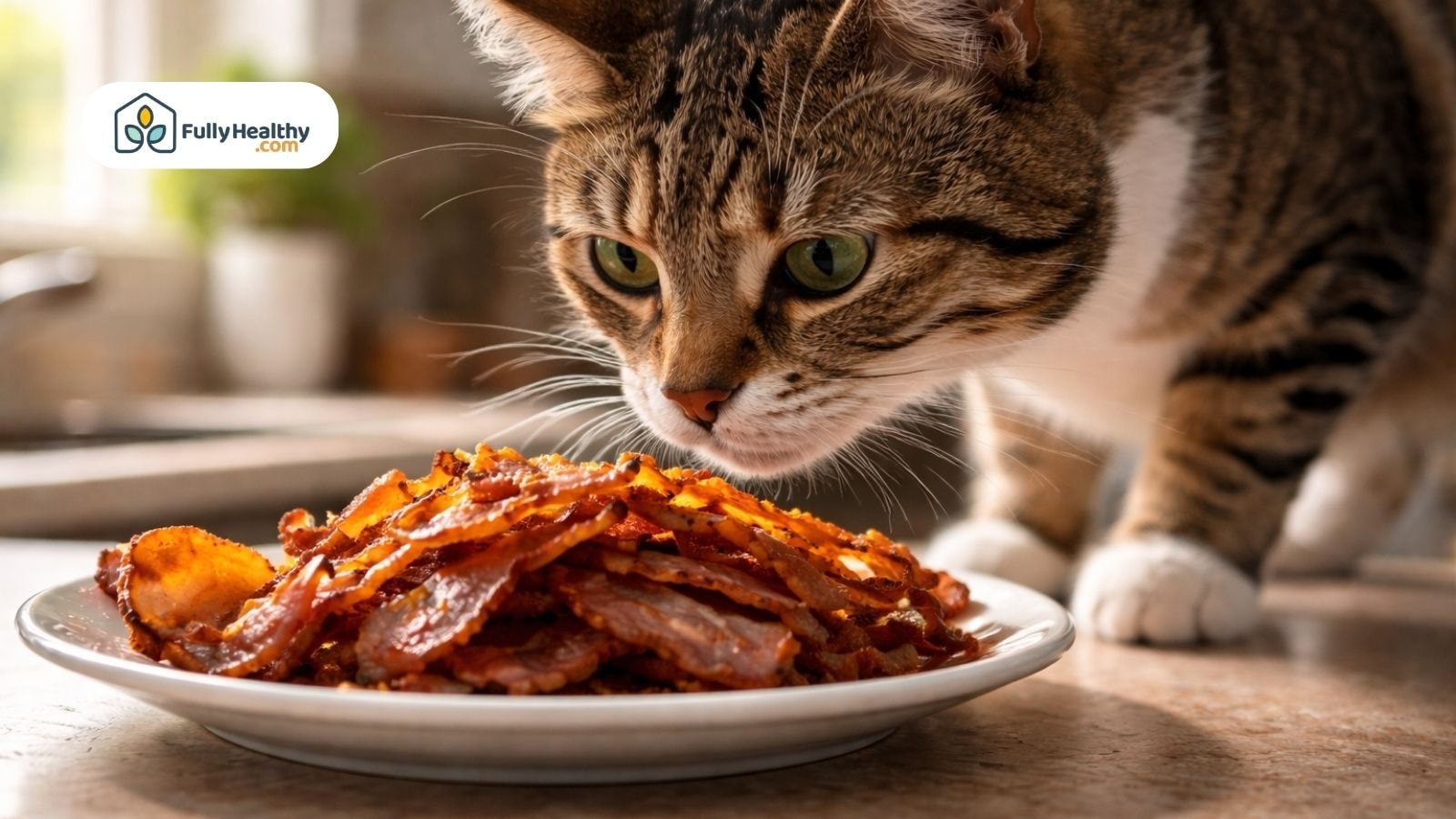 Curious tabby cat sniffing plate of crispy bacon on kitchen table