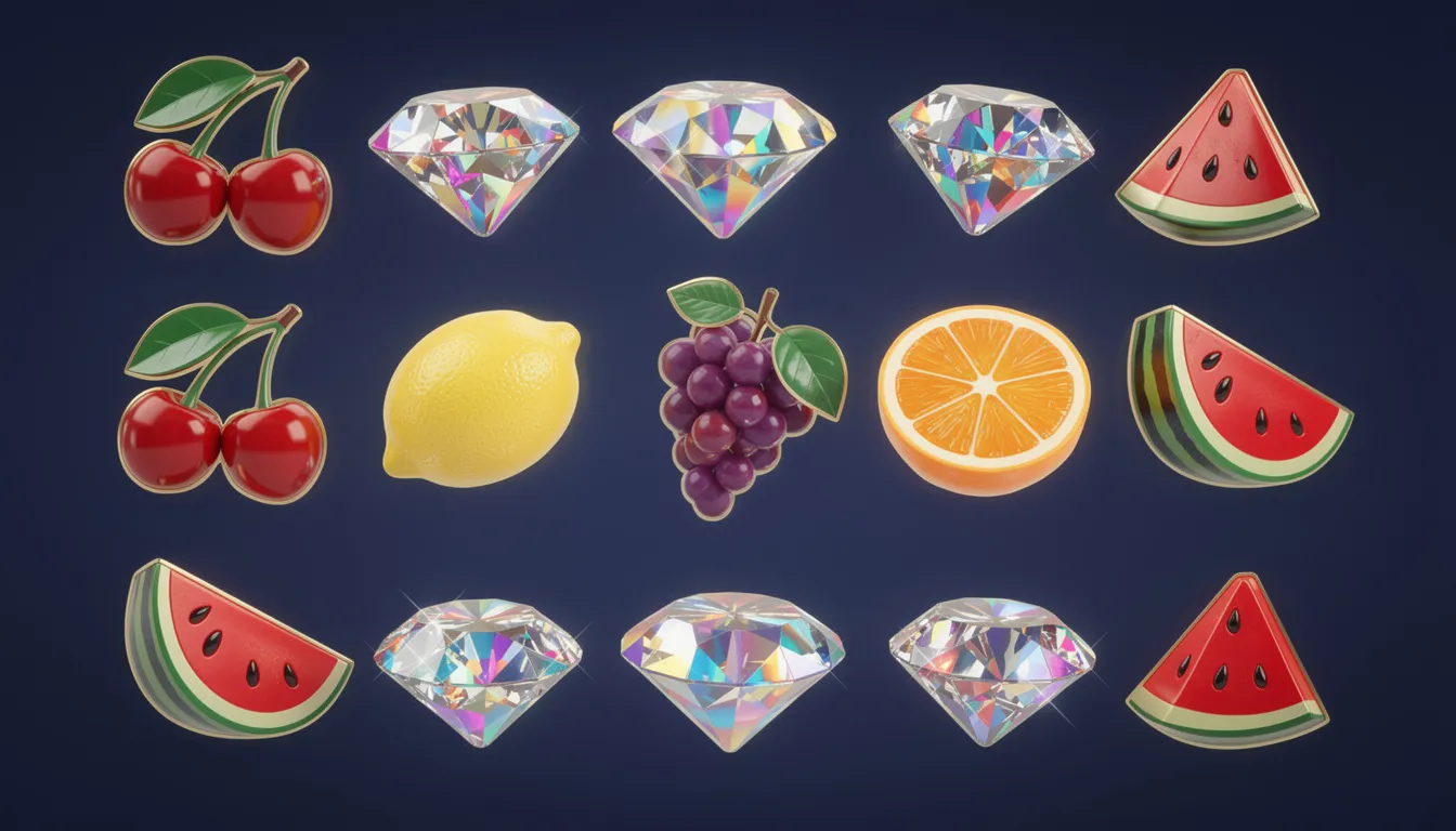 Bildbeskrivning: En samling av färgglada spelautomatsymboler som inkluderar olika frukter och gnistrande diamanter, vilket skapar en livlig och underhållande atmosfär som är typisk för videoslots hos online casino. Dessa symboler representerar de spännande spelupplevelser som erbjuds för nya spelare.