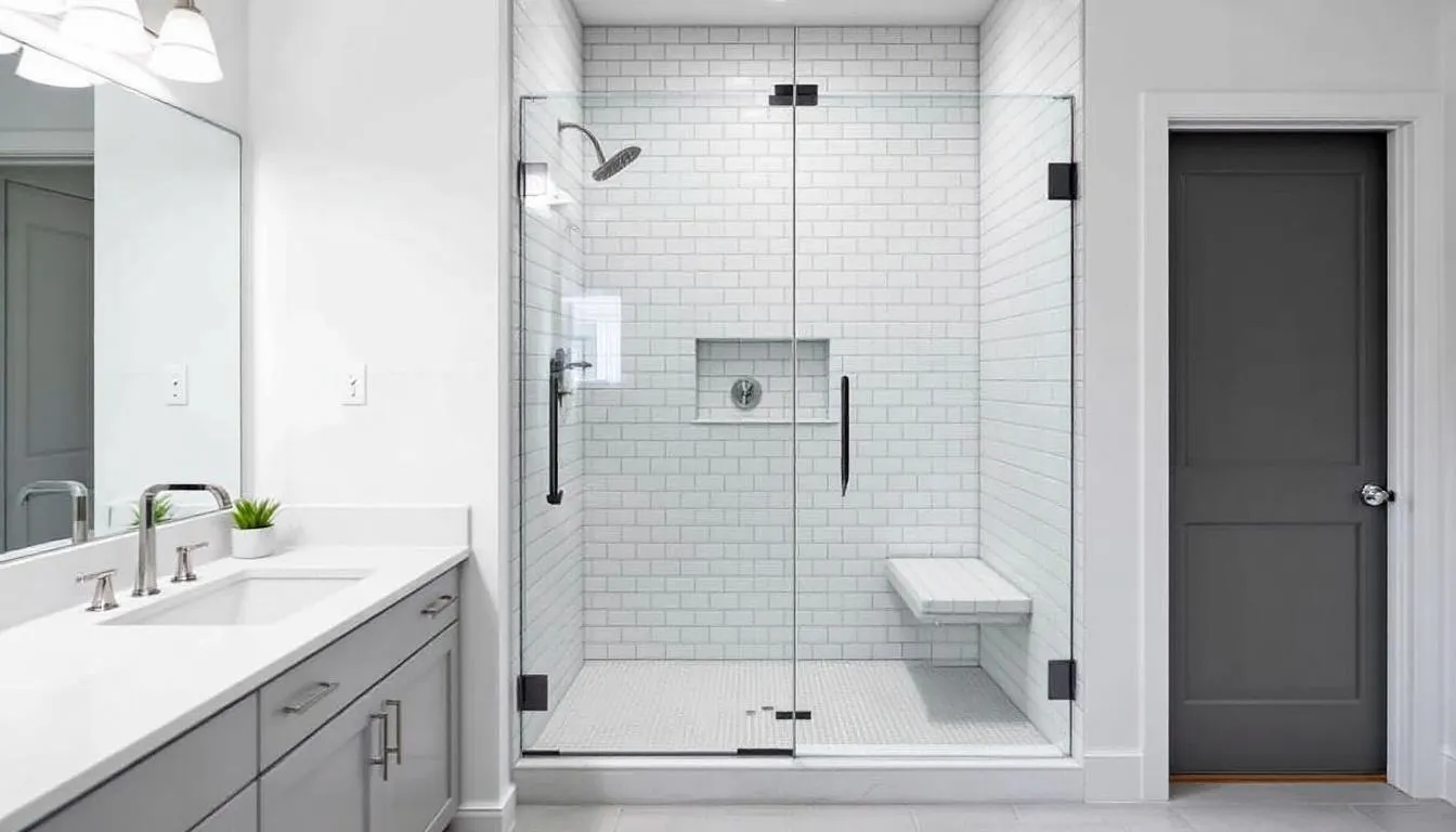 In this modern bathroom, a spacious walk-in shower features sleek glass doors and elegant white subway tiles, creating a bright and inviting atmosphere filled with natural light. The design emphasizes a cohesive feel, making it an ideal choice for a shower remodel that enhances both style and functionality.