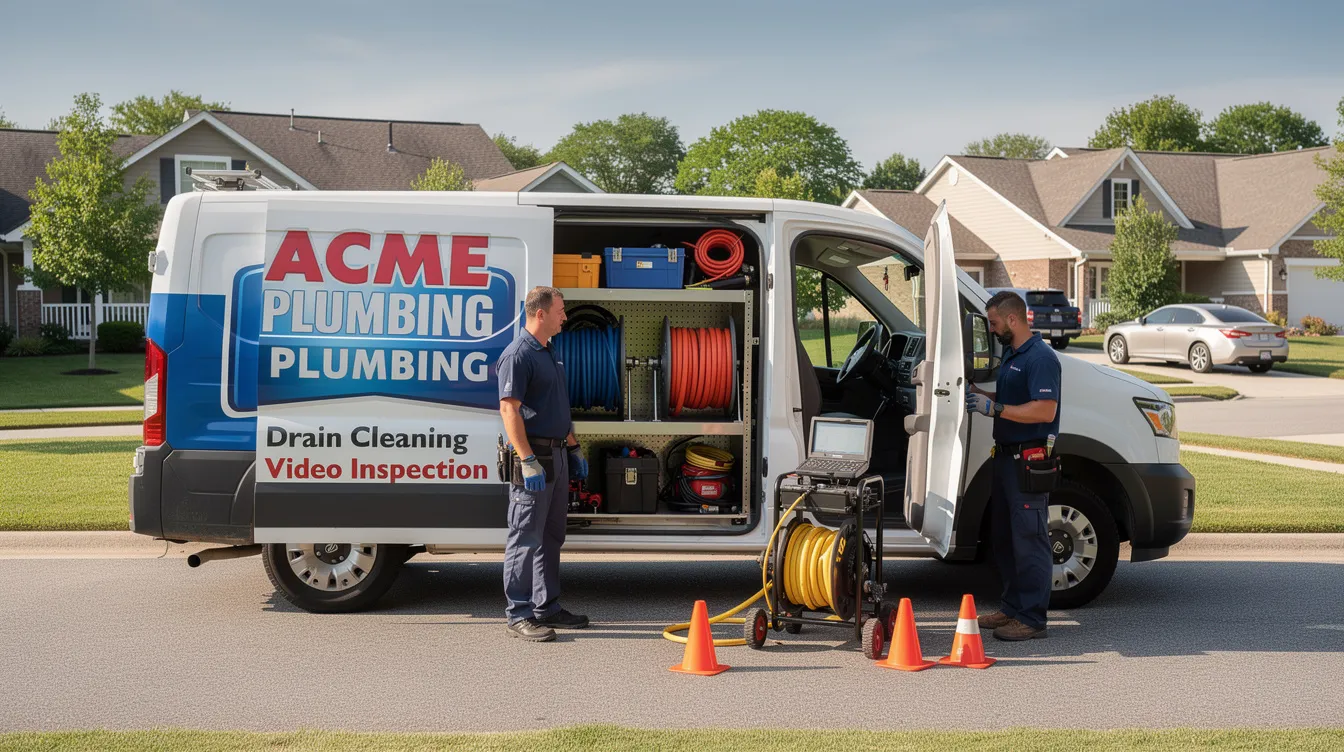 A commercial plumbing van, featuring various drain inspection cameras and cleaning equipment, is parked in a residential neighborhood, ready to address any plumbing issues. The van is equipped with tools to access and inspect different types of drains, providing a clear view of potential problems.