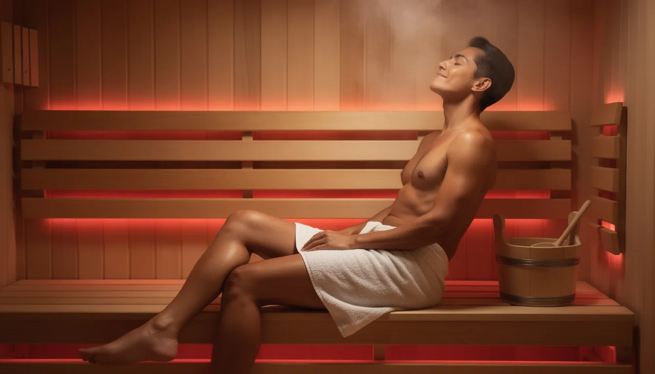 A person is seen relaxing in a wooden infrared sauna, illuminated by soft red ambient lighting that enhances the calming atmosphere. This red light therapy sauna promotes stress relief and relaxation, harnessing the health benefits of infrared heat for improved circulation and muscle recovery.