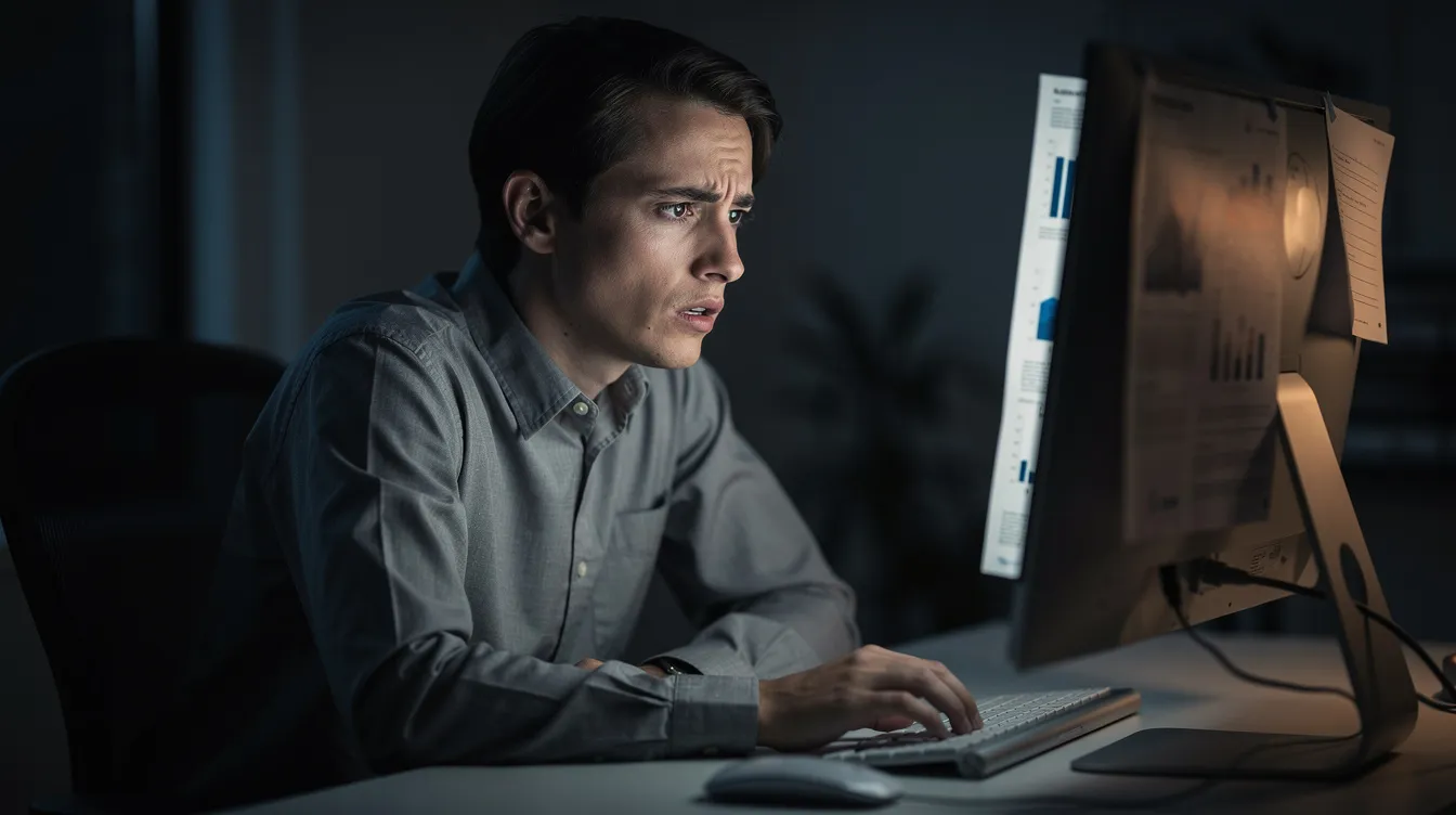 A concerned person is intently examining something on a computer screen, reflecting the worries many have about AI systems and their implications for future generations. This moment captures the anxiety surrounding new technology and its potential impact on human interaction and jobs.