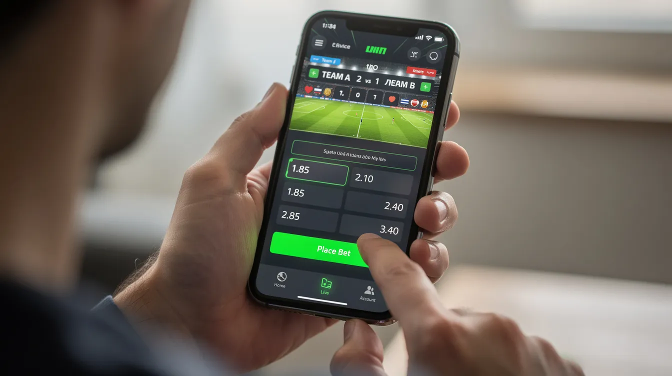 A person is holding a smartphone that displays a sports betting application, showcasing various betting options, including promotions for "30 in free bets" and "grand national betting offers." The app features user-friendly interfaces for placing bets and tracking odds, appealing to sports enthusiasts and bettors alike.