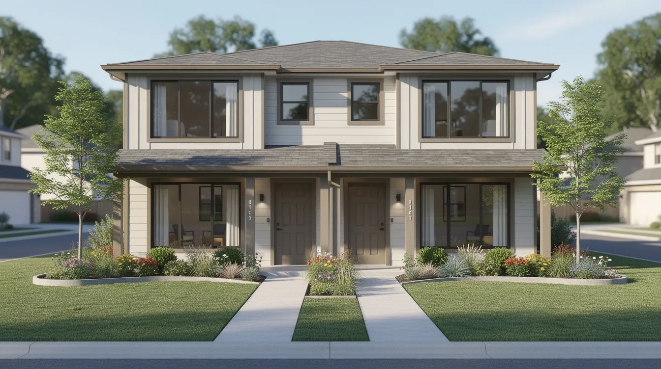 The image depicts a residential duplex building surrounded by well-maintained landscaping, showcasing a potential investment opportunity for real estate investors. This attractive property could provide tax benefits through strategies like cost segregation, maximizing tax savings and improving cash flow for property owners.