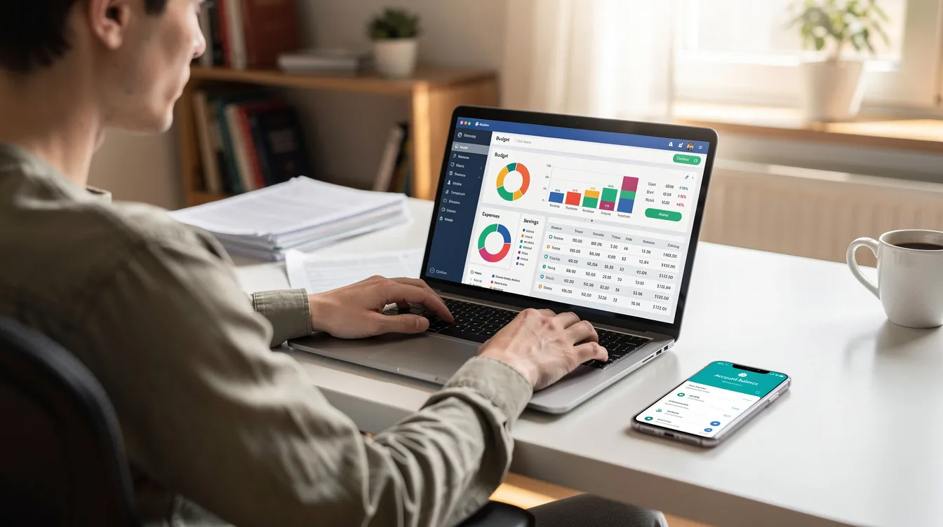 A person is seated at a home desk, focused on reviewing financial documents displayed on their laptop screen, with a smartphone placed beside them. The scene suggests they may be preparing to apply for a loan, possibly considering options like 免 入 息 or 入 息 證明.