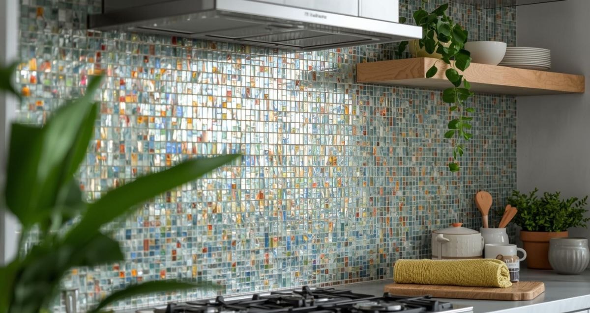 Recycled glass tile material types for kitchens