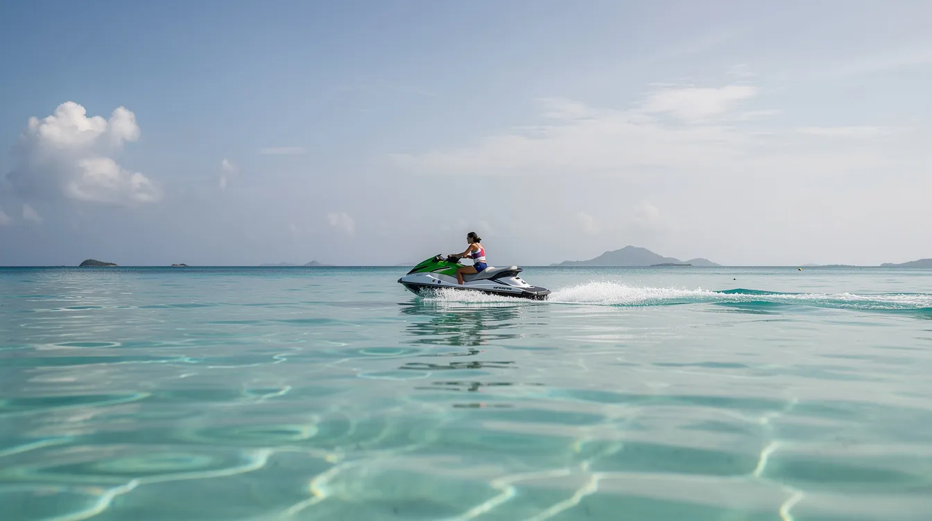 Um jet ski desliza sobre as águas calmas de um azul turquesa, com um horizonte caribenho ao fundo, destacando a beleza das ilhas ABC. Essa cena evoca a sensação de férias em um destino paradisíaco, perfeito para quem busca experiências emocionantes e relaxantes à beira-mar.