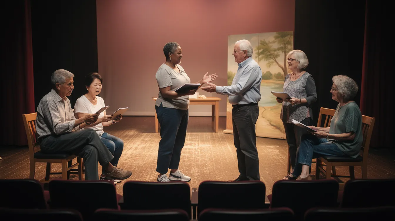 A diverse group of older adults, including senior actors and mature performers, rehearses together on a community theater stage, showcasing their creativity and passion for the performing arts. The scene reflects the inclusive atmosphere of local community theater, where new volunteers gain experience and build confidence through storytelling and performance.