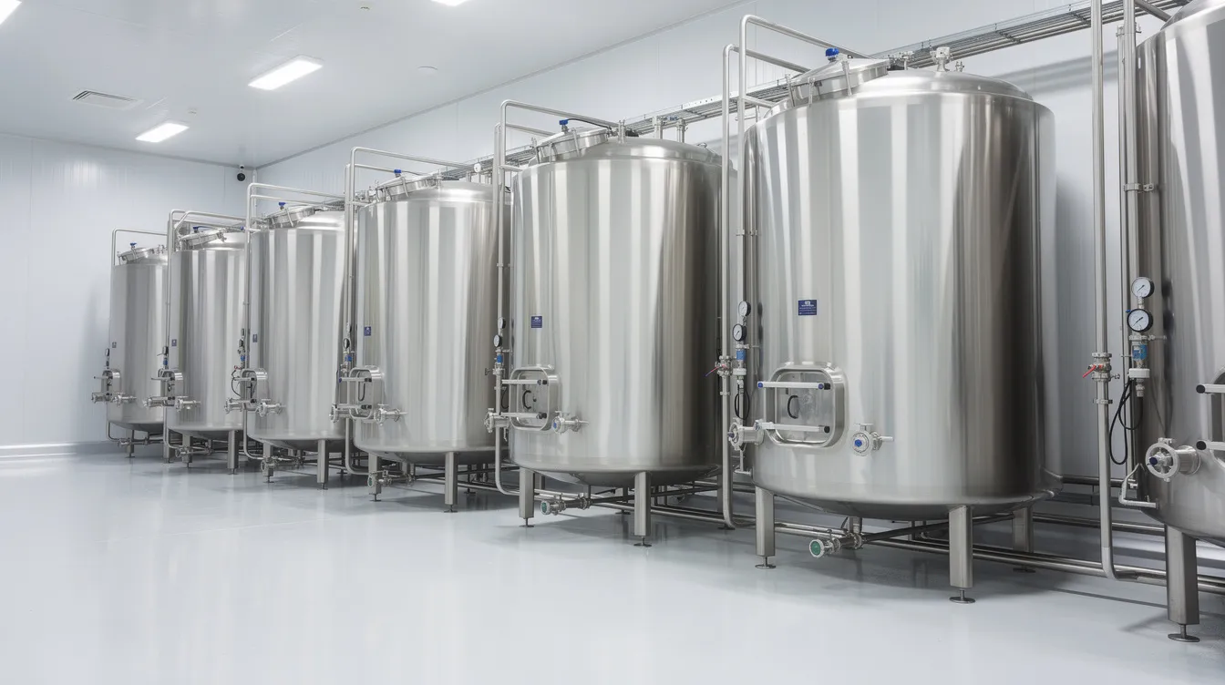 858b2fa1 bbcc 4b82 be4b adcb054e11a9 The image depicts a row of stainless steel storage tanks with connecting pipes in a modern hygienic food processing plant, highlighting the infrastructure essential for the dairy industry. This setting is crucial for the production of premium dairy ingredients like anhydrous milk fat, ensuring compliance with stringent quality standards and catering to the rising consumer demand for high-quality dairy products.