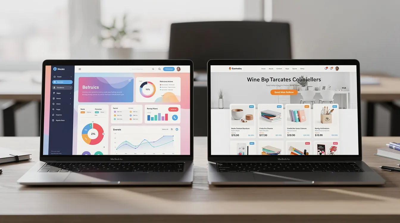 The image depicts two laptops positioned side by side on a desk, each displaying different website interfaces related to search engine optimization. One screen shows the Google Search Console, while the other highlights a Squarespace site, emphasizing elements like meta descriptions, page titles, and SEO best practices for optimizing web pages.