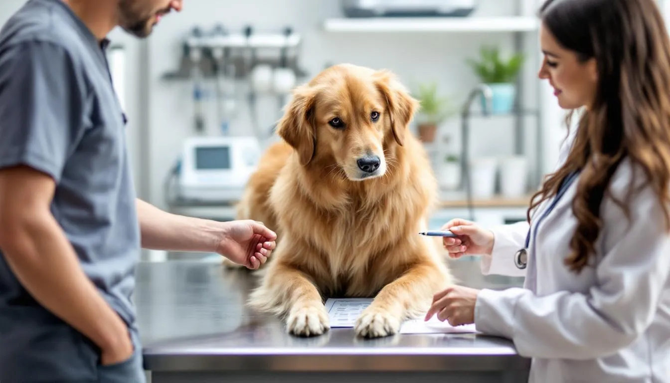 A veterinarian is demonstrating various safe treatment options for dogs to a concerned dog owner, including the use of apple cider vinegar for issues like itchy skin and ear infections. The scene highlights the importance of natural remedies in maintaining a dog