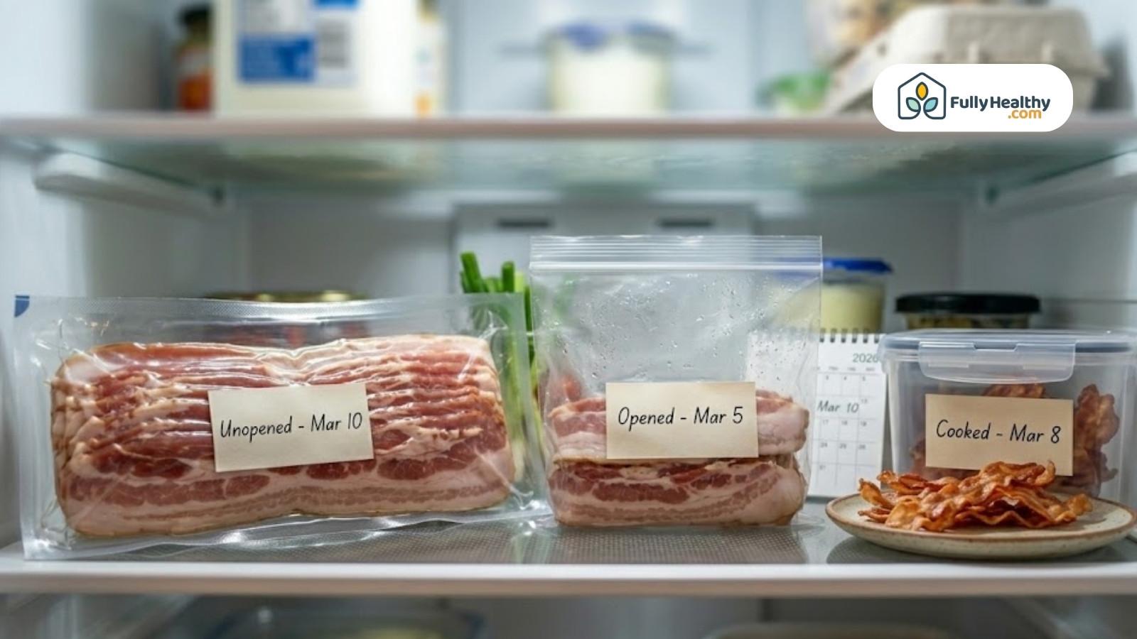 Stored bacon packages labeled unopened, opened, and cooked dates