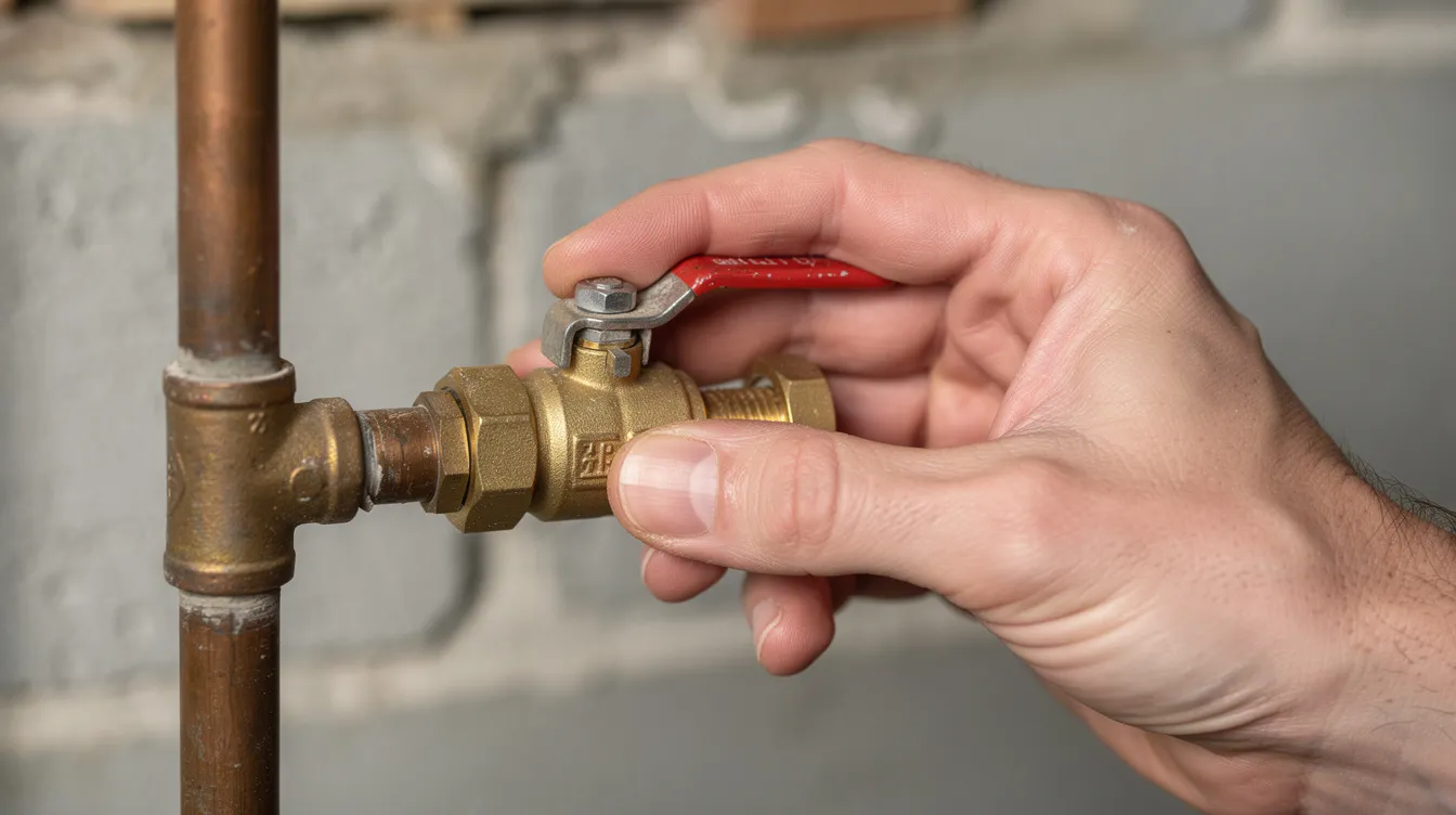 A close-up image shows a hand turning a residential water shut-off valve, indicating a proactive approach to addressing plumbing issues. This action is essential for homeowners in Vancouver, WA, ensuring reliable solutions for any plumbing problems they may encounter.