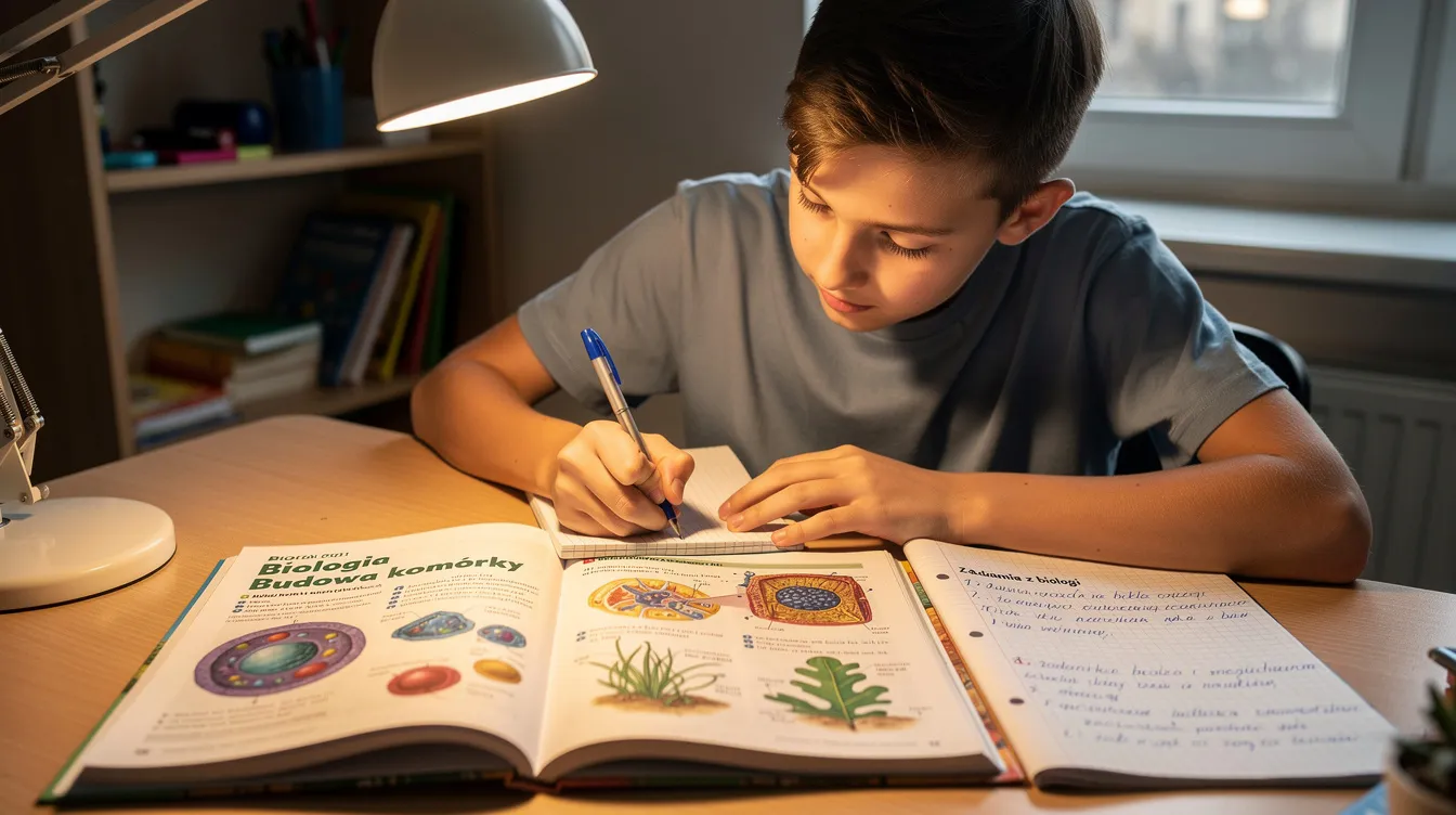 Na obrazku widać ucznia ósmoklasisty, który przy biurku rozwiązuje zadania z biologii, korzystając z otwartego podręcznika oraz zeszytu. W tle można dostrzec materiały do nauki dotyczące genetyki, co sugeruje przygotowania do sprawdzianu z klasa 8.
