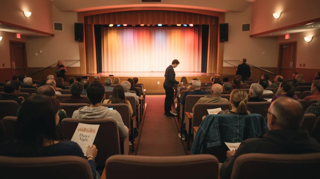 The image shows a warm and inviting community theatre filled with an eager audience, seated and ready for a dance performance to begin. The atmosphere is alive with anticipation as people prepare to enjoy a night of classical ballet and hip hop, highlighting the beauty of the performing arts.