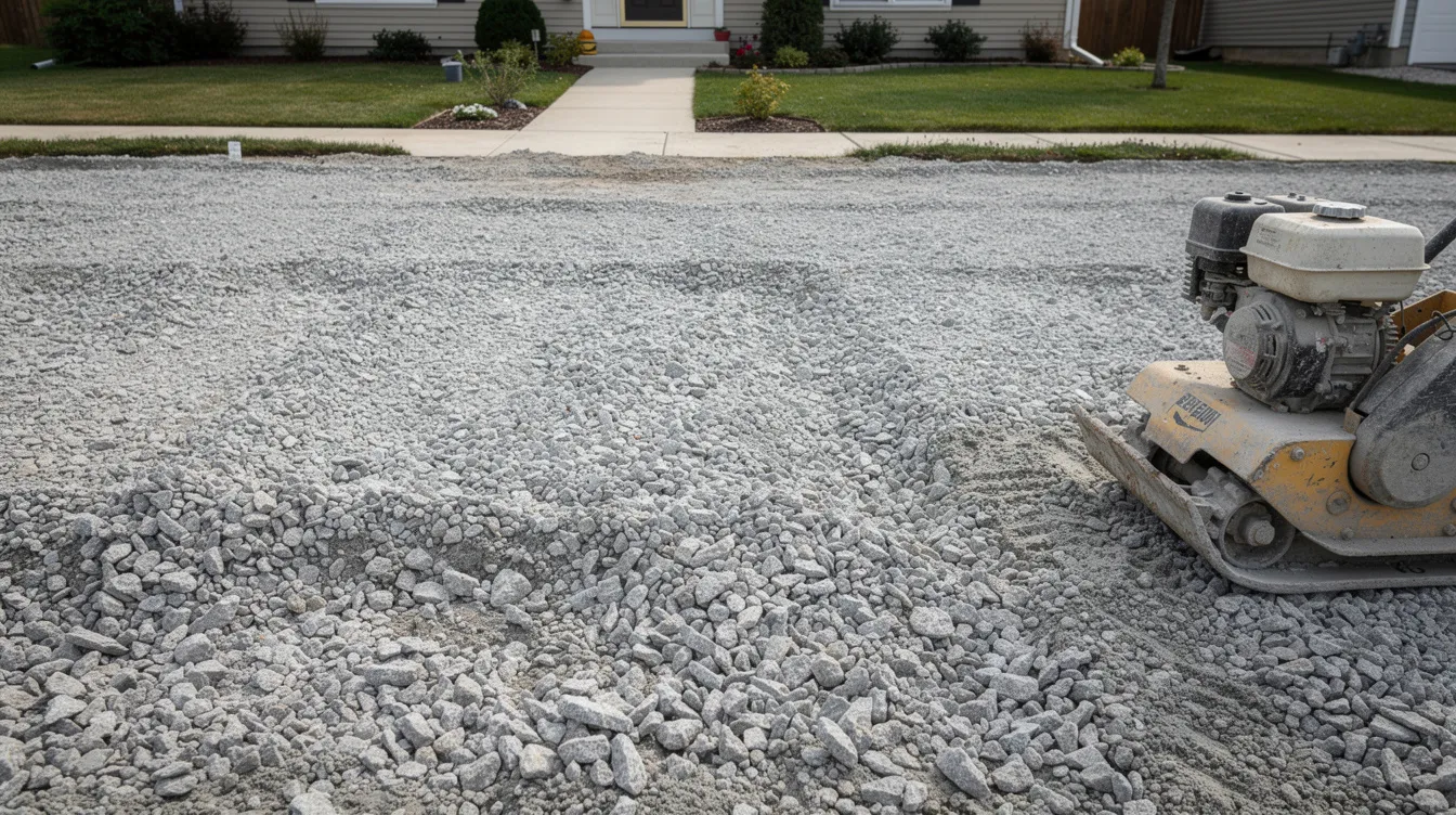 The image depicts a compacted sub-base layer of crushed limestone, which is being prepared for a residential driveway excavation, with a plate compactor positioned nearby. This layer of construction aggregates provides a stable foundation for the driveway, showcasing the importance of quality materials in construction projects.