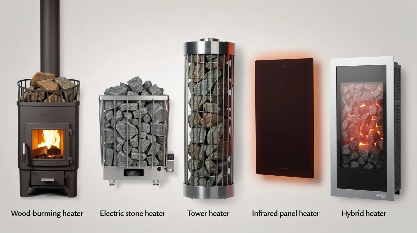 The image showcases various types of sauna heaters, including traditional electric saunas and energy-efficient infrared models, highlighting their different heating elements. It emphasizes the importance of optimal energy efficiency and proper insulation to reduce energy consumption and electricity costs during sauna sessions.