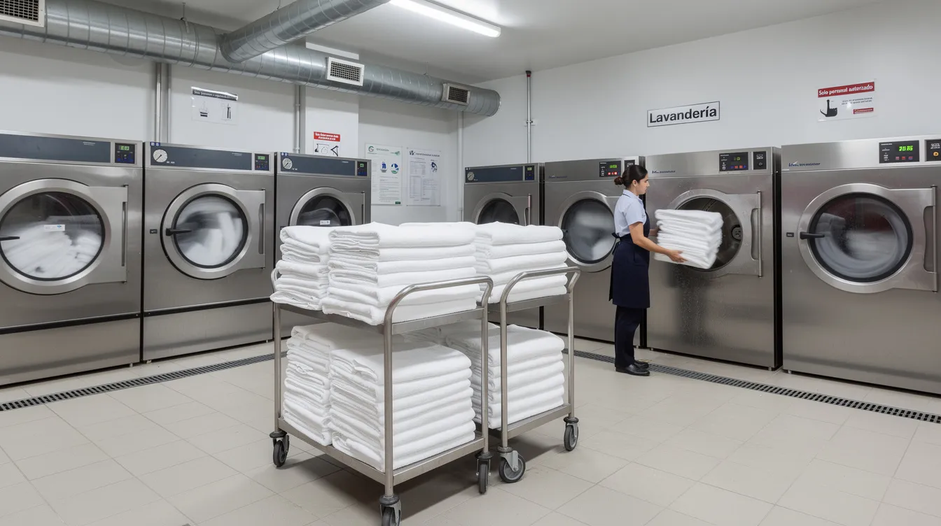 Imagen de equipos de lavandería industrial en funcionamiento dentro de un hotel, donde se observa maquinaria especializada procesando sábanas y toallas, asegurando un servicio de lavandería de alta calidad para los huéspedes y clientes del establecimiento.