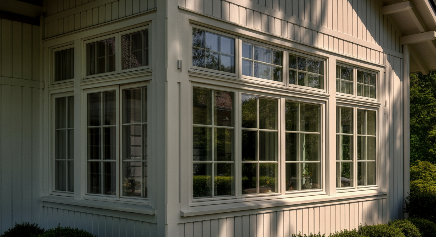 Photograph of a classic white house bay window bathed in dappled sunlight, reflecting lush green foliage, evoking feelings of home, tranquility, and timeless elegance.