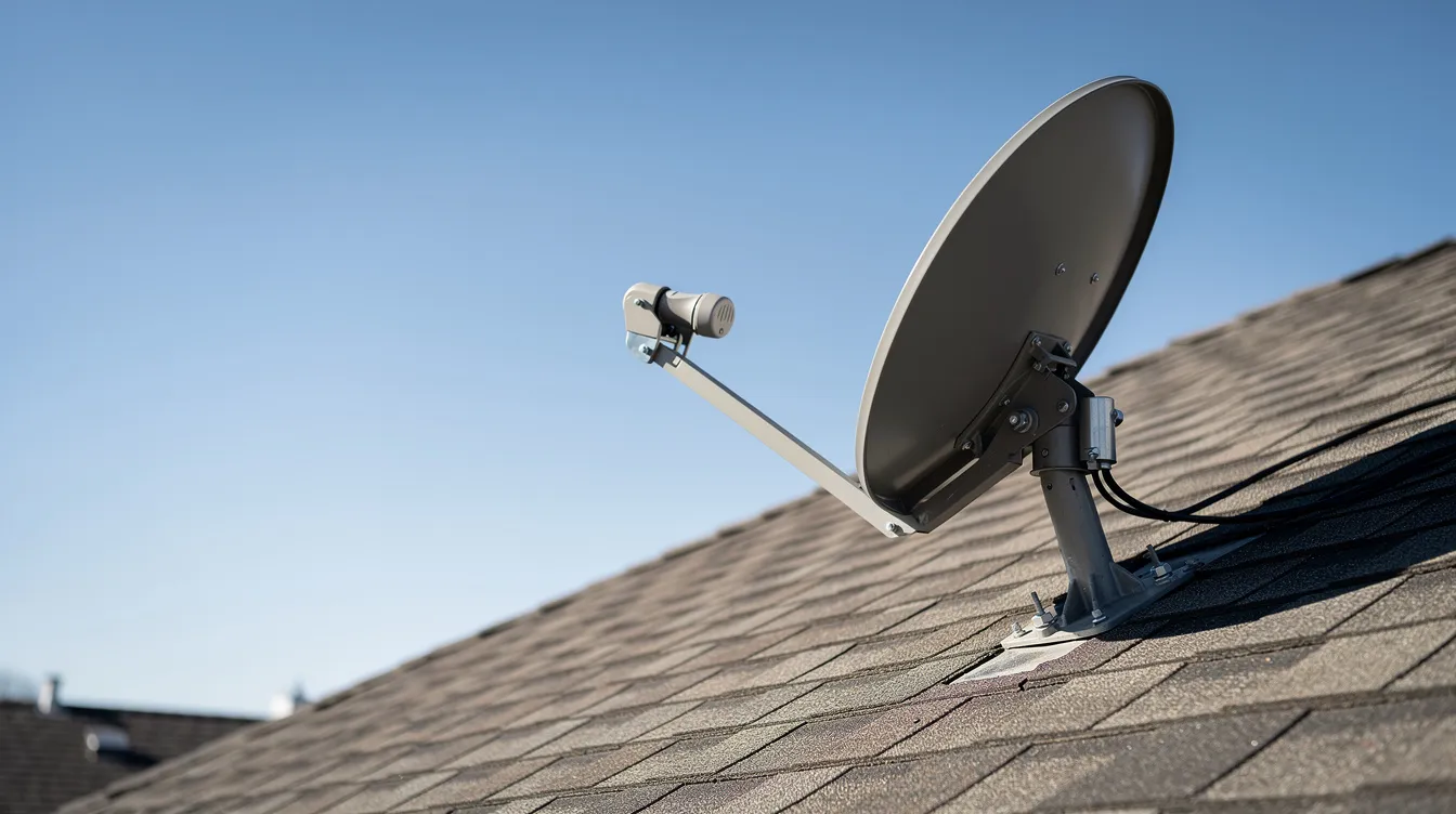 A satellite dish is securely mounted on a residential roof against a backdrop of a clear blue sky, indicating optimal conditions for receiving a strong DSTV signal. This setup is crucial for ensuring proper DSTV signal reception and minimizing potential signal issues.