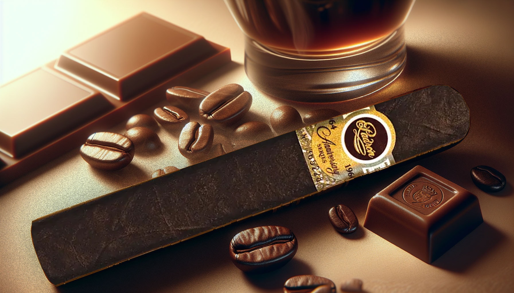 An artistic depiction of a Padrón 1964 Anniversary Exclusivo Maduro cigar with coffee beans and chocolate.