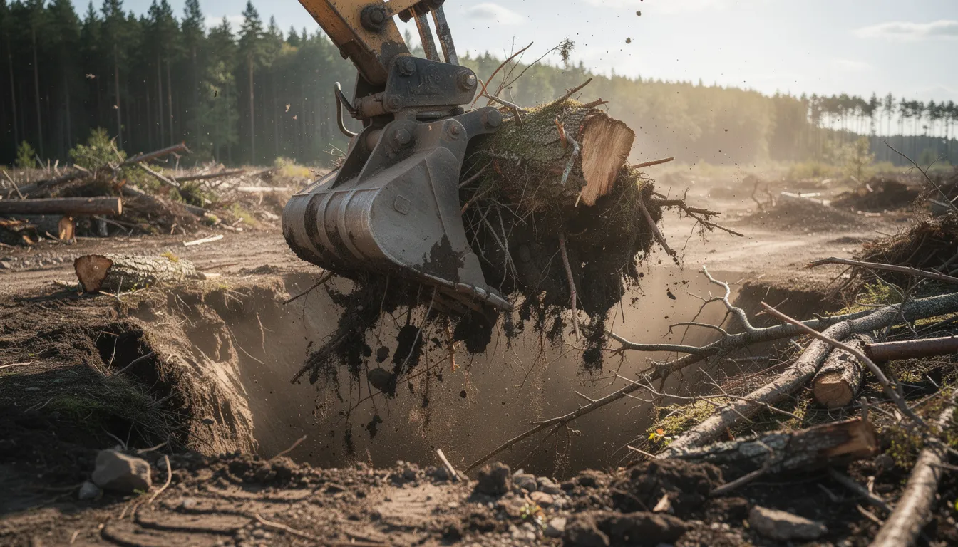 An excavator bucket firmly grips a large tree stump, pulling it from the ground, demonstrating the stump removal process. This professional stump grinding service utilizes specialist equipment to ensure effective tree stump removal, contributing to the immediate visual improvement of the surrounding landscape.