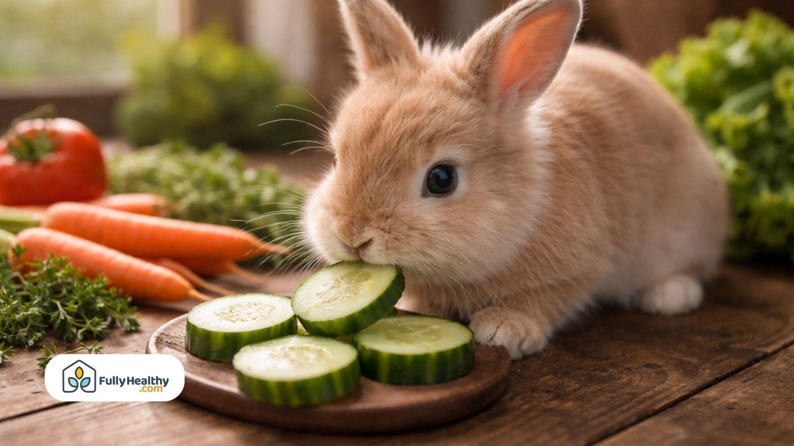 Brown rabbit nibbling cucumber slices on wooden board with fresh vegetables