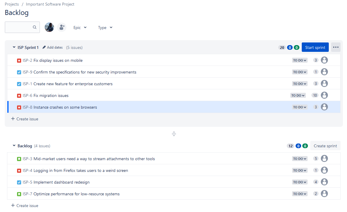 A screenshot of a Jira sprint full of issues.