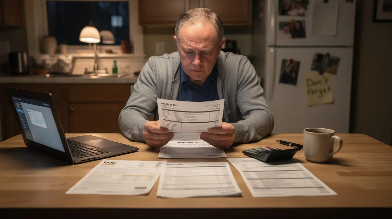 A person sits at a kitchen table, carefully reviewing financial documents and medical bills, highlighting the importance of understanding structured settlements and lump sum payments in managing future medical expenses and ensuring long-term financial security. The scene reflects the challenges faced by individuals navigating personal injury claims and the associated costs.