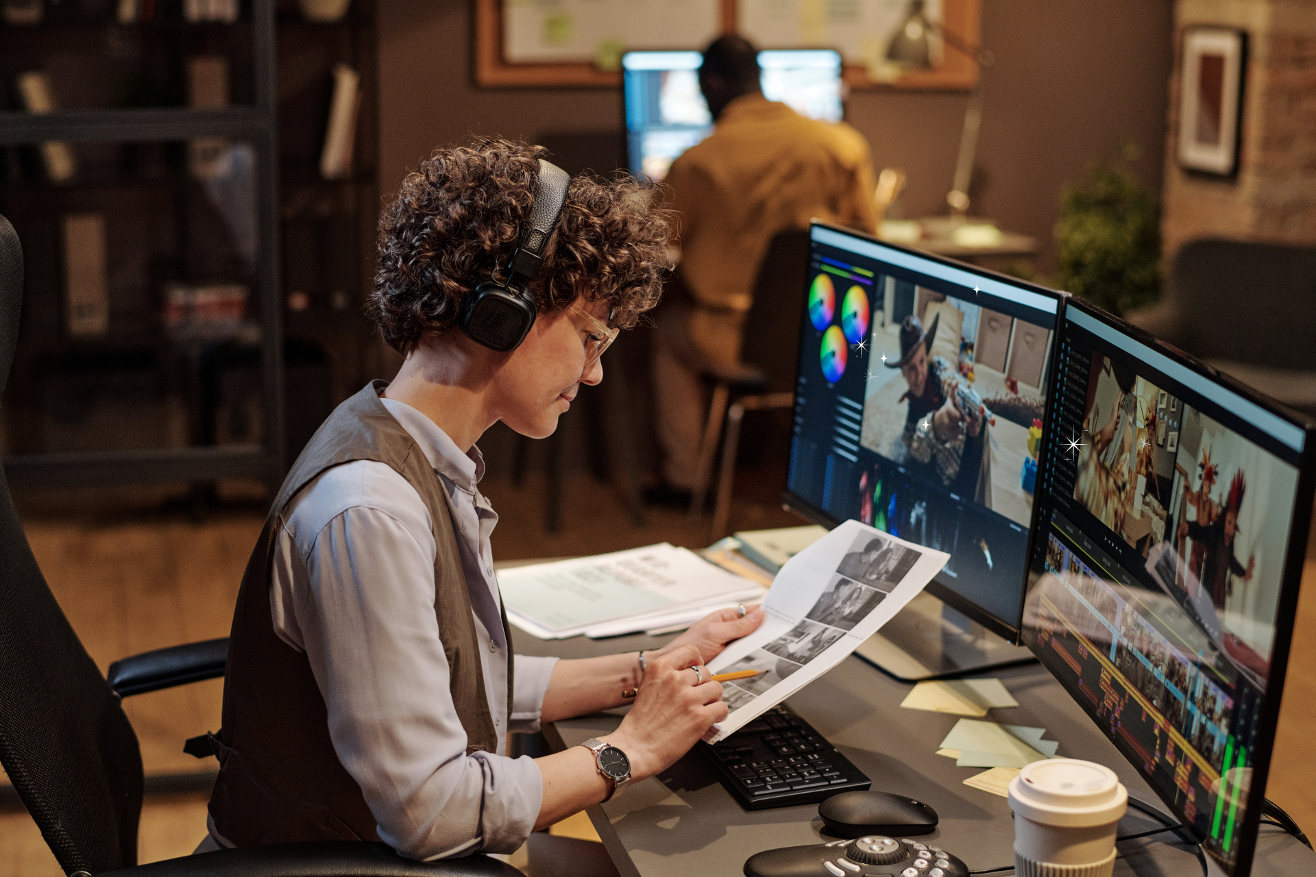 A video editor wearing headphones reviews a storyboard while working at a dual-monitor setup displaying color grading and editing software.