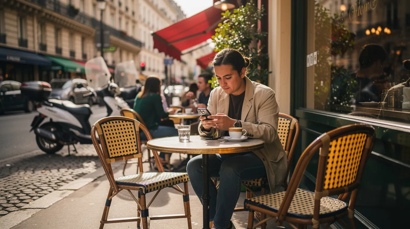 A person is seated at a charming sidewalk café in France, absorbed in their smartphone while enjoying the lively atmosphere around them. The scene captures the essence of French culture, blending leisure with modern technology as they navigate their mobile phone amidst the bustling café environment.