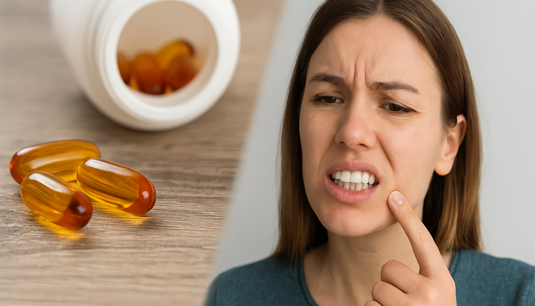 Kvinne peker på en vond tann ved siden av vitamin D-kapsler på bordet.