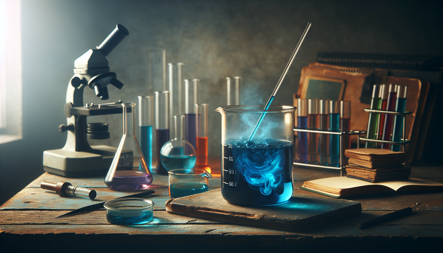 A laboratory beaker filled with a colorful liquid being stirred with a glass rod
