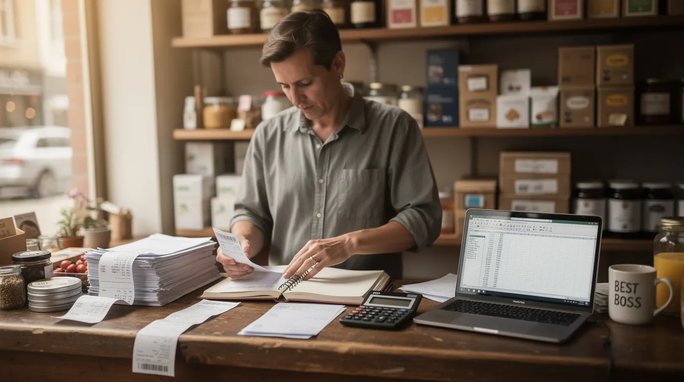 The image shows a small business owner diligently organizing various financial documents, including bank statements and a loan application form, at a shop counter. This scene highlights the importance of proper financial management for securing a business loan, such as those offered under the Mudra scheme for micro enterprises.