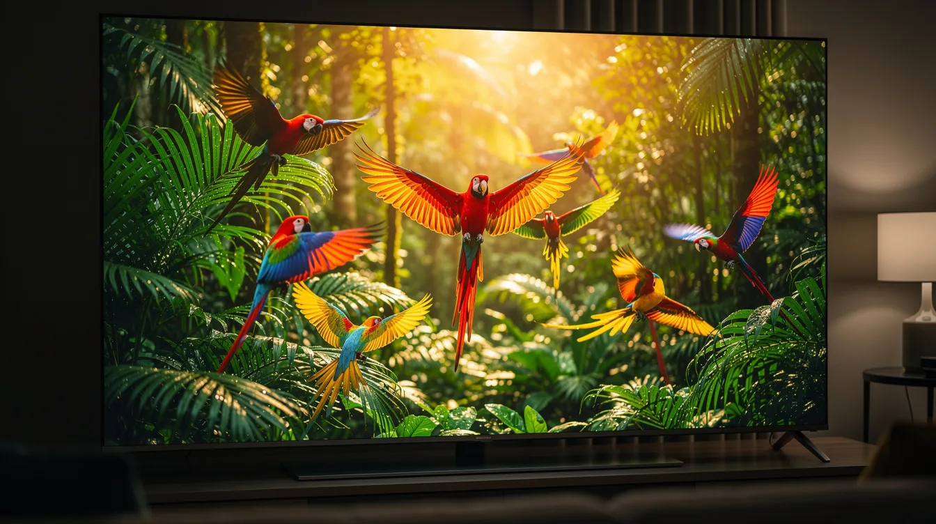 A close-up view of a large 4K television screen displays a vibrant nature documentary, showcasing bright colors and stunning visuals that highlight the picture quality. This image illustrates the immersive experience of streaming services, allowing viewers instant access to premium entertainment and on-demand content.