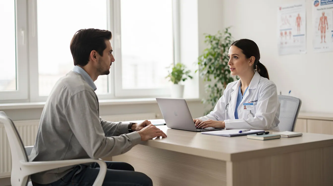 A person is seated at a consultation desk in a bright, modern office, discussing earlobe repair options with a medical professional. The setting suggests a focus on cosmetic procedures such as earlobe repair surgery, which may involve local anesthesia and a quick recovery process.