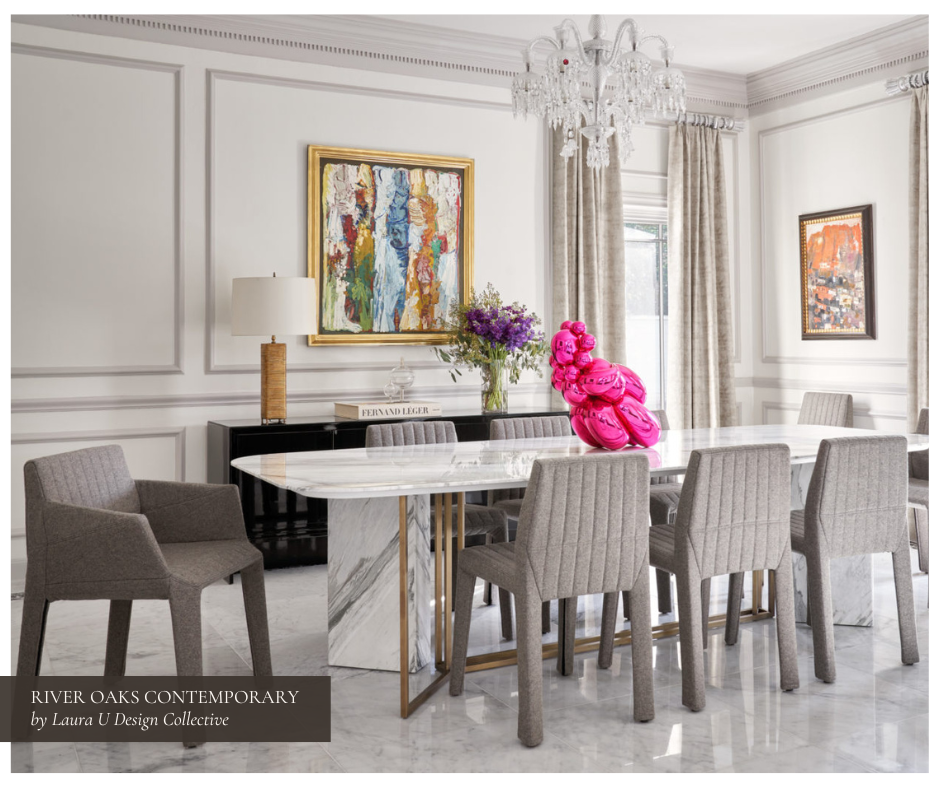 Luxe dining room with a white marble table, textured gray chairs, a crystal chandelier, ornate molding, and contemporary art, including a bold pink sculpture centerpiece for a vibrant focal point.