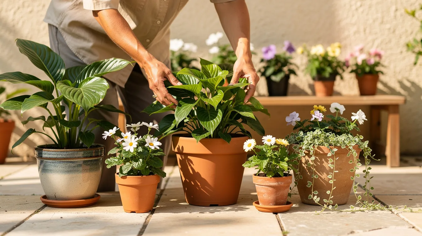 A collection of healthy potted plants, including snake plants and tropical varieties, is beautifully arranged on a sunny patio, showcasing their vibrant foliage. These live plants, delivered in perfect condition, create a welcoming space for plant parents to enjoy the fresh atmosphere of nature.