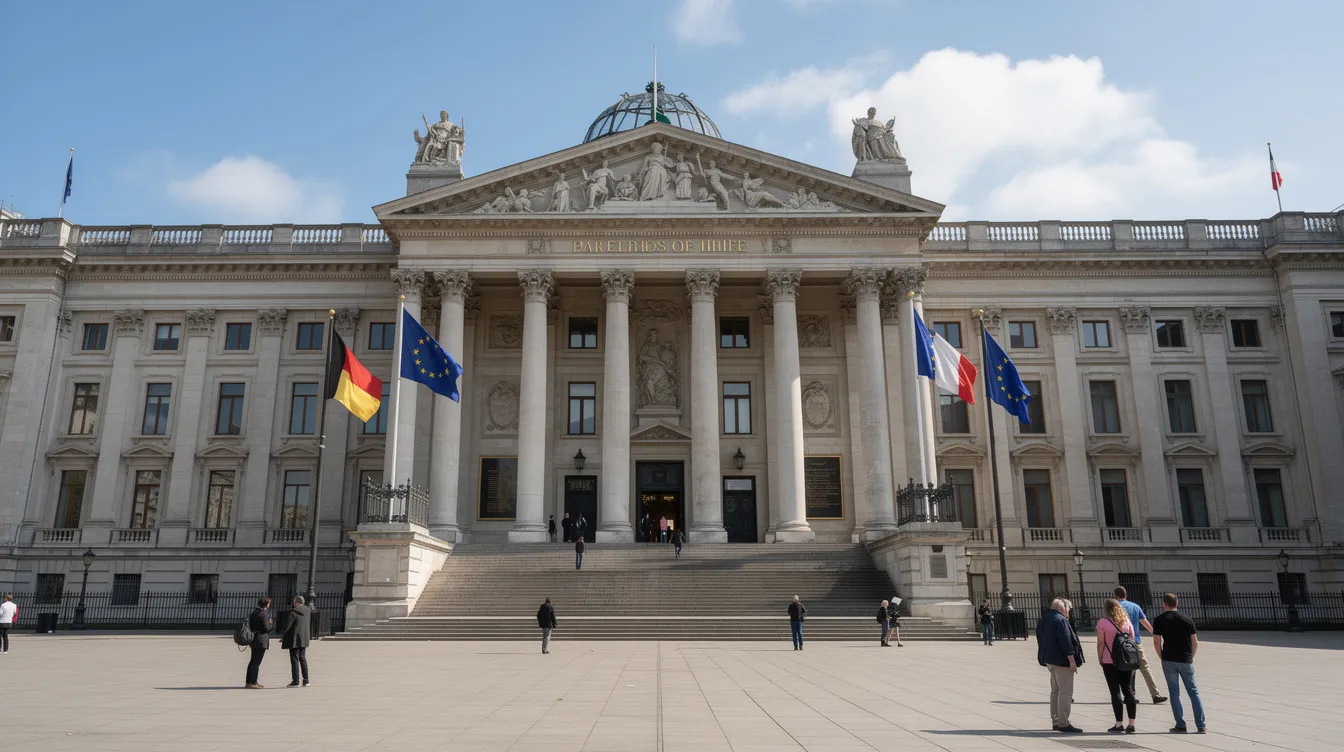 Das Bild zeigt ein repräsentatives Parlamentsgebäude mit majestätischen Säulen und wehenden Flaggen, das bei Tageslicht erstrahlt. Die Architektur vermittelt ein Gefühl von Bedeutung und Autorität, während die Flaggen die nationale Identität symbolisieren.