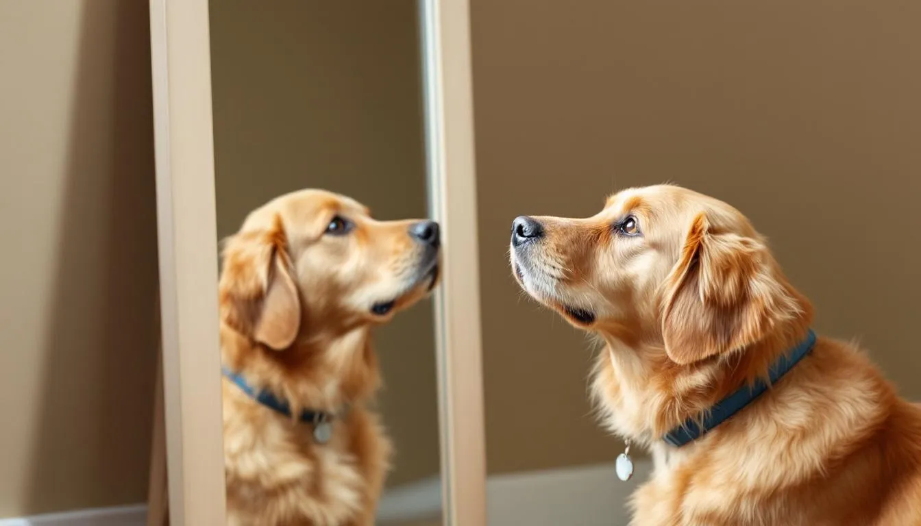 A curious dog gazes into a mirror, seemingly puzzled by its reflection, illustrating the typical canine response in mirror tests where dogs do not recognize themselves. This moment highlights the unique way dogs perceive themselves and their understanding of different species, including their human caregivers and family members.