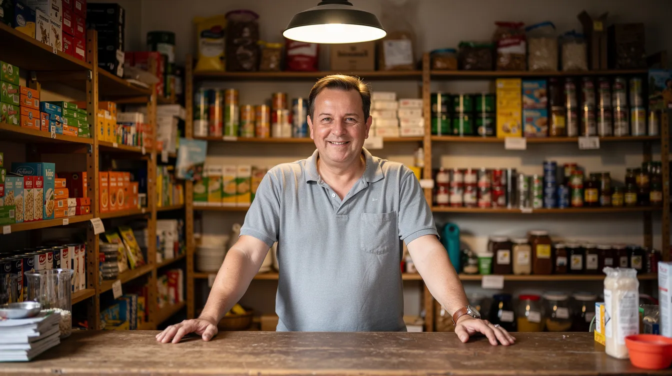 85b2ed70 0e3e 4c46 8753 e3645683e0d0 The image shows a small shop owner standing behind a counter filled with various products on shelves, representing a typical small business environment. This scene highlights the importance of a clear business plan and proper documentation for securing a mudra loan, as small business owners often seek financial support from banks to enhance their business viability.