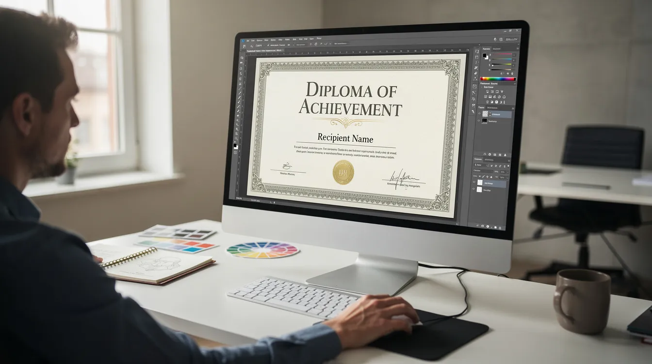 A designer is focused on customizing a diploma template on a computer screen, showcasing various diploma designs intended for students seeking replacement documents or novelty diplomas. The screen displays vibrant graphics and text options, emphasizing the importance of quality and attention to detail in creating professional-looking credentials.