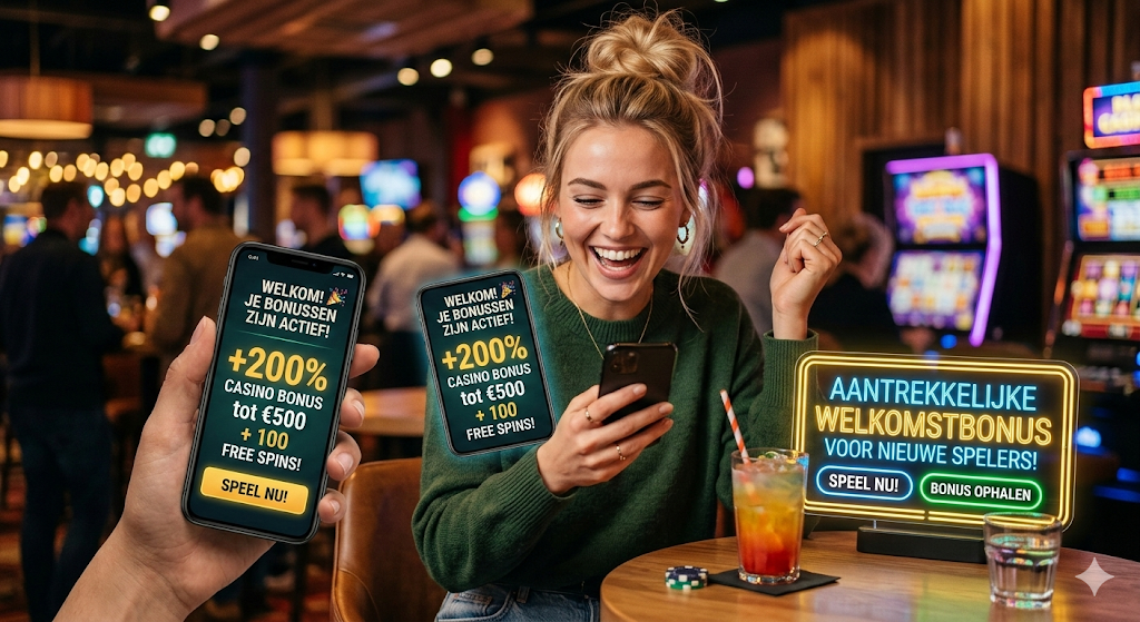 Speler die een casino welkomstbonus ontvangt op een smartphone met promotie van +200% bonus tot €500 en 100 free spins voor nieuwe online casino spelers.