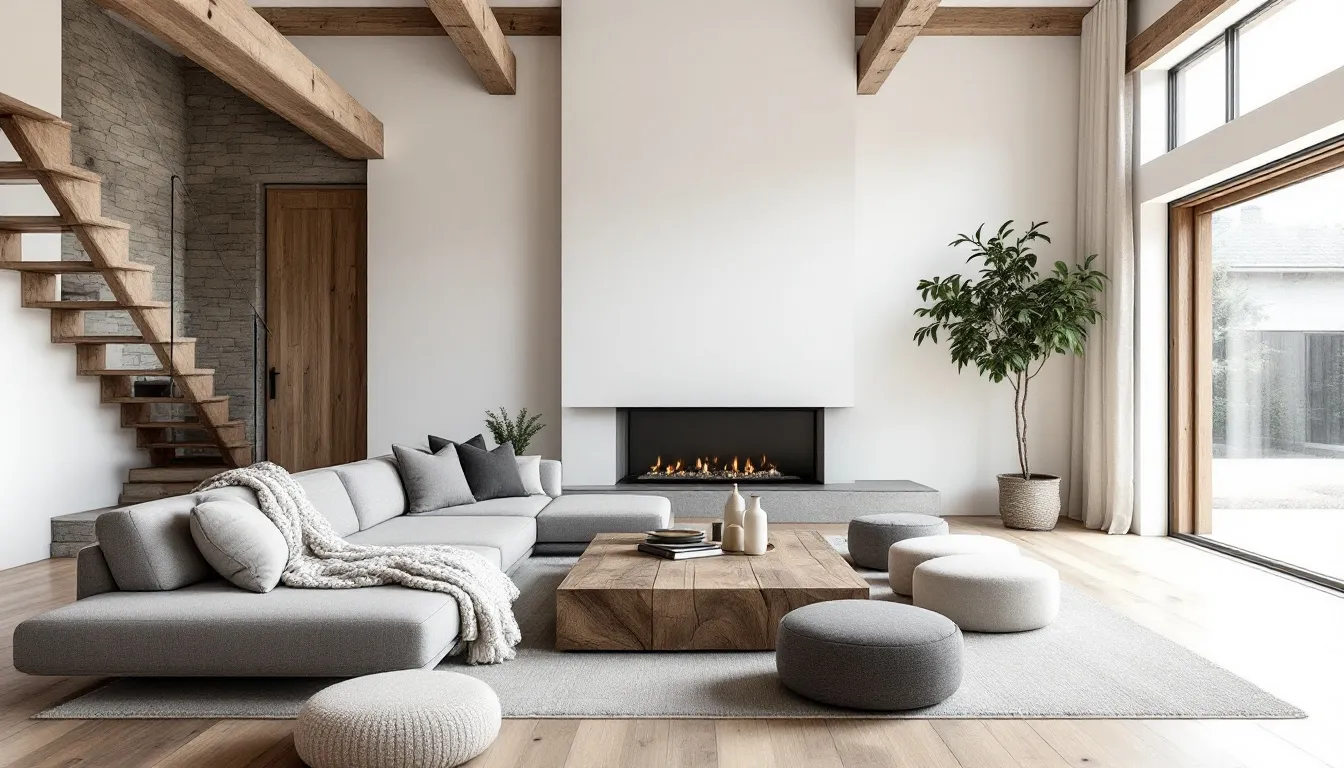 A stylish living space incorporating modern furniture alongside rustic accents.