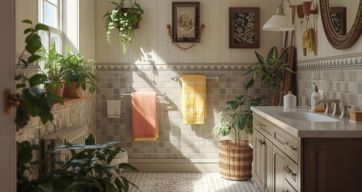 Bathroom with neutral textured wall tiles and floor tiles.