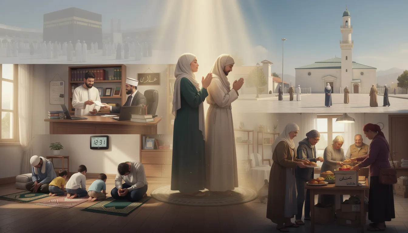 The image depicts individuals engaged in various Islamic practices, illustrating the integration of spiritual life into daily routines through prayer, charity, and community involvement. This scene reflects the deep sense of spiritual growth and connection to the divine presence, emphasizing the importance of aligning with higher truths for personal and communal well-being.